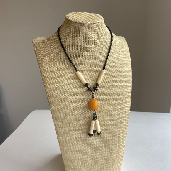 Dangle Necklace Black, White & Orange Beads - Picture 1 of 5